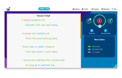 A digital reading tool interface displays a poem titled February Twilight. Text lines are highlighted in different colors, with categories like Mastered and Needed Help on the right. A score of 1215 points is shown at the top.