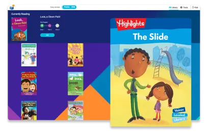 A digital library interface showing a highlighted childrens book titled The Slide by Highlights. The cover features an illustration of a child and an adult near a playground slide. Other book covers are visible in the background.