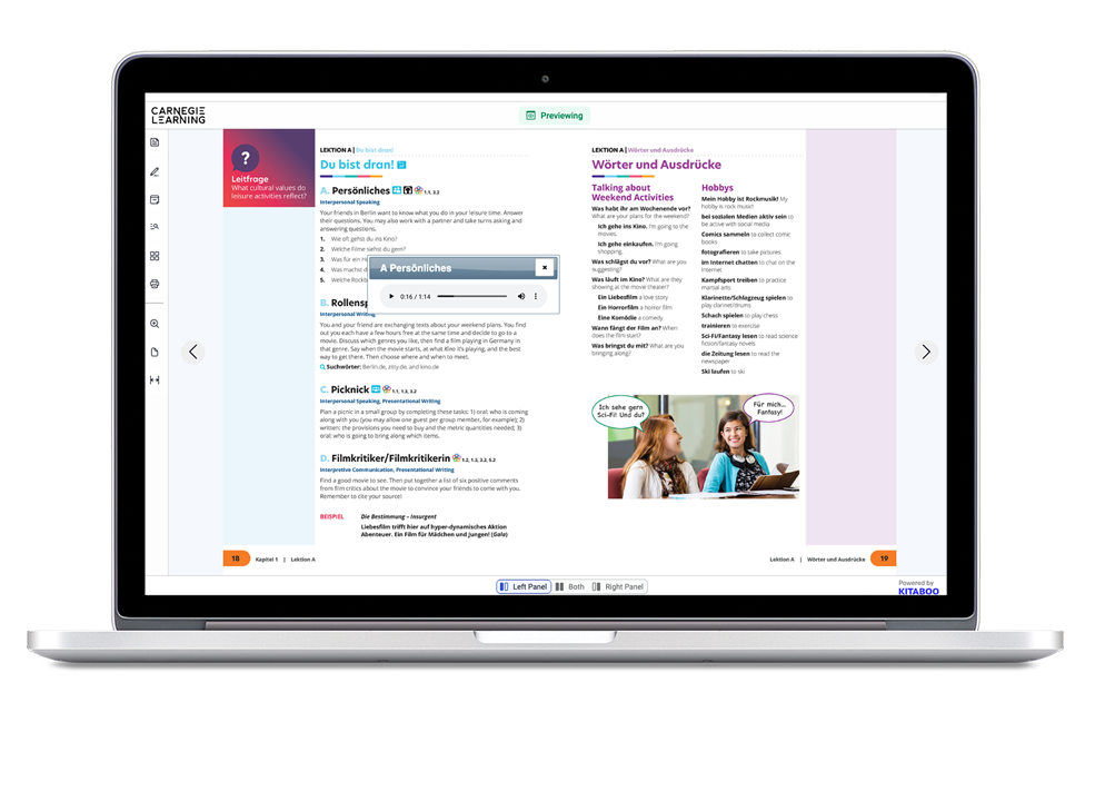 A laptop screen displaying a digital language learning platform with an open dialogue lesson. The interface shows a pink background with an audio player and conversation image on the left page and vocabulary exercises with pictures of people in different situations on the right page. Navigation tools are visible on the sides of the screen.