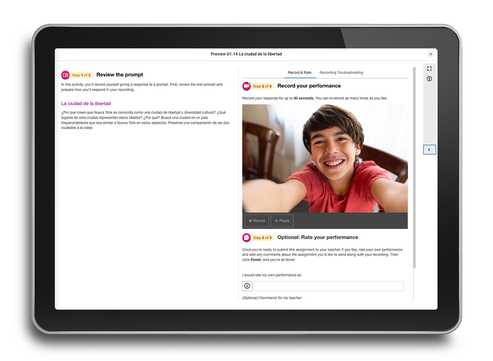 A tablet and smartphone showing a digital Spanish learning assignment with nature images on the tablet and a young woman with a black jacket taking a selfie on the phone. The interface appears to be a student submission system for environmental or sustainability topics.