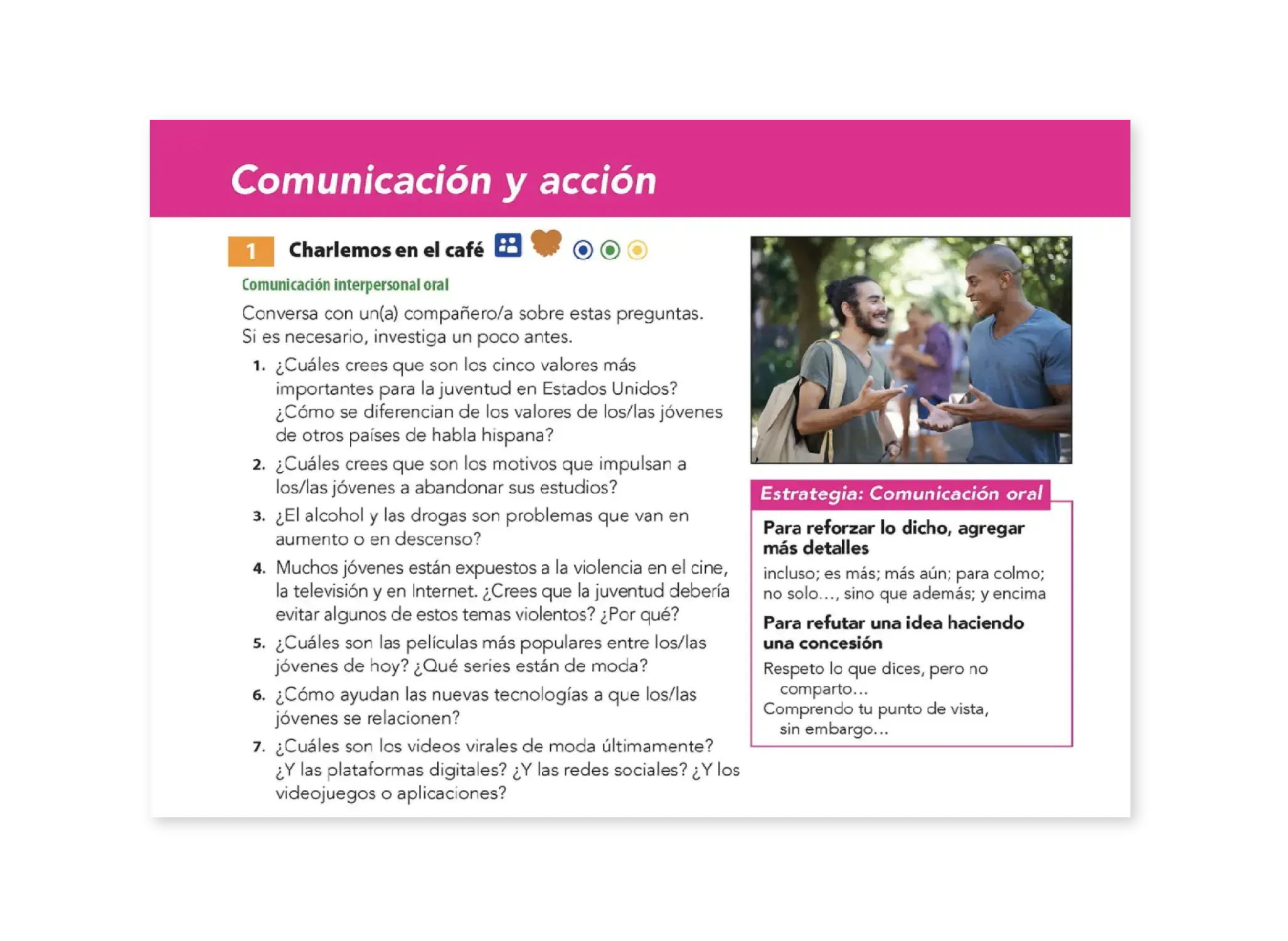 A Spanish language classroom resource page with a pink header reading 
