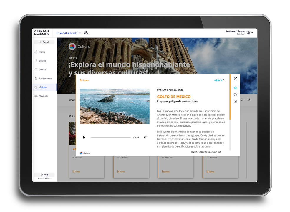 A tablet displaying a Spanish language learning platform with the header 