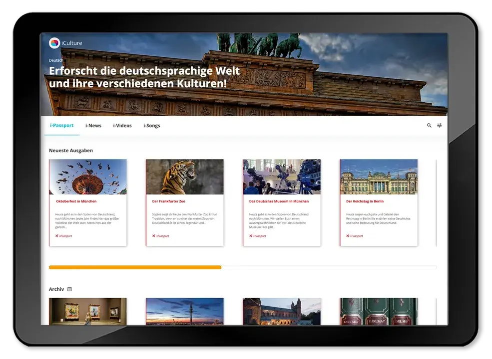 A tablet displaying a German language learning platform with the header 