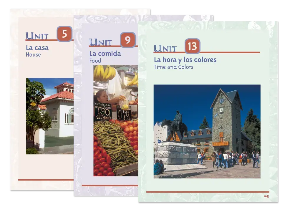 Three Spanish language textbook unit pages displayed side by side showing 