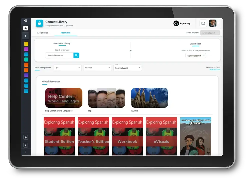 A tablet displaying a content library interface for language learning resources. The screen shows search functionality and thumbnails of Spanish language learning materials including a 