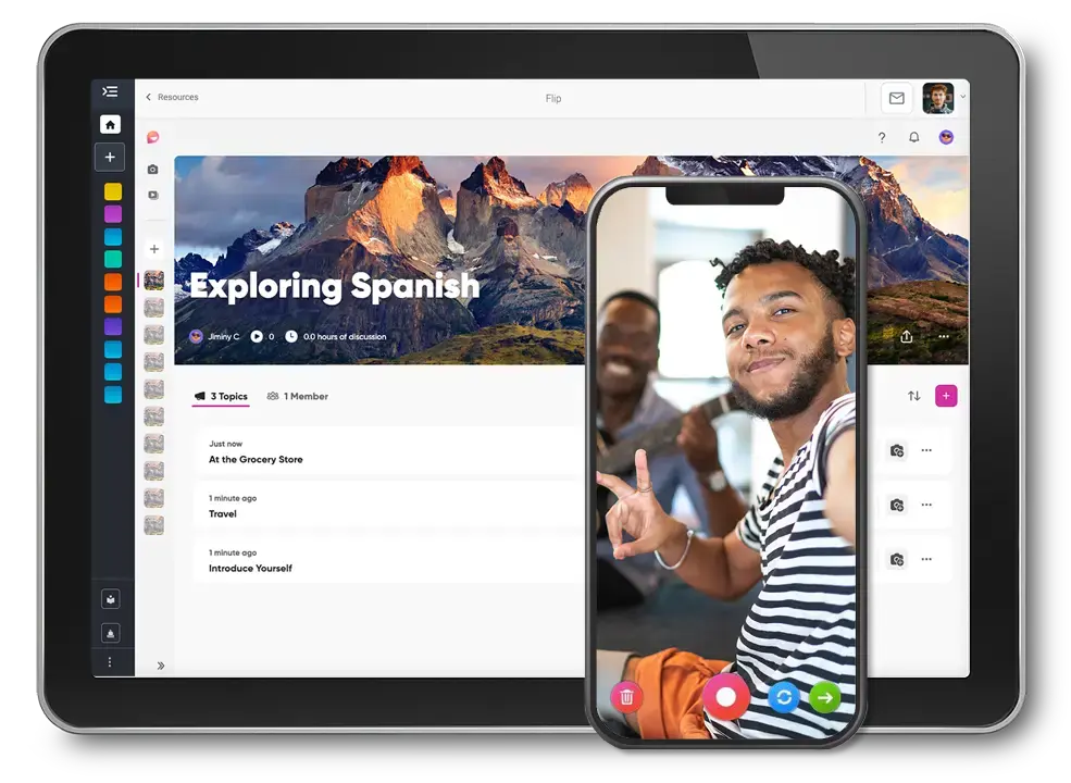 A tablet and smartphone displaying a Spanish language learning application titled 